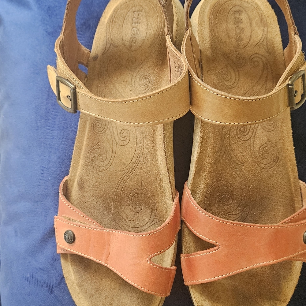 Taos Footwear Tan and Coral Leather Slingback Sandals